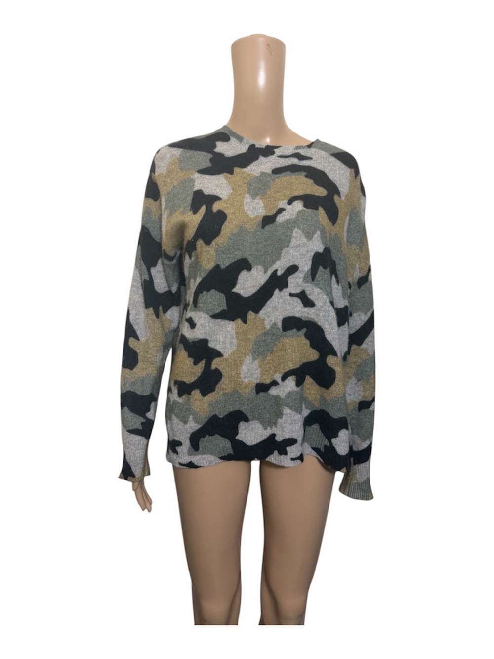 360 Cashmere Camouflage Crewneck Sweater in Green, Black, Gray, Tan